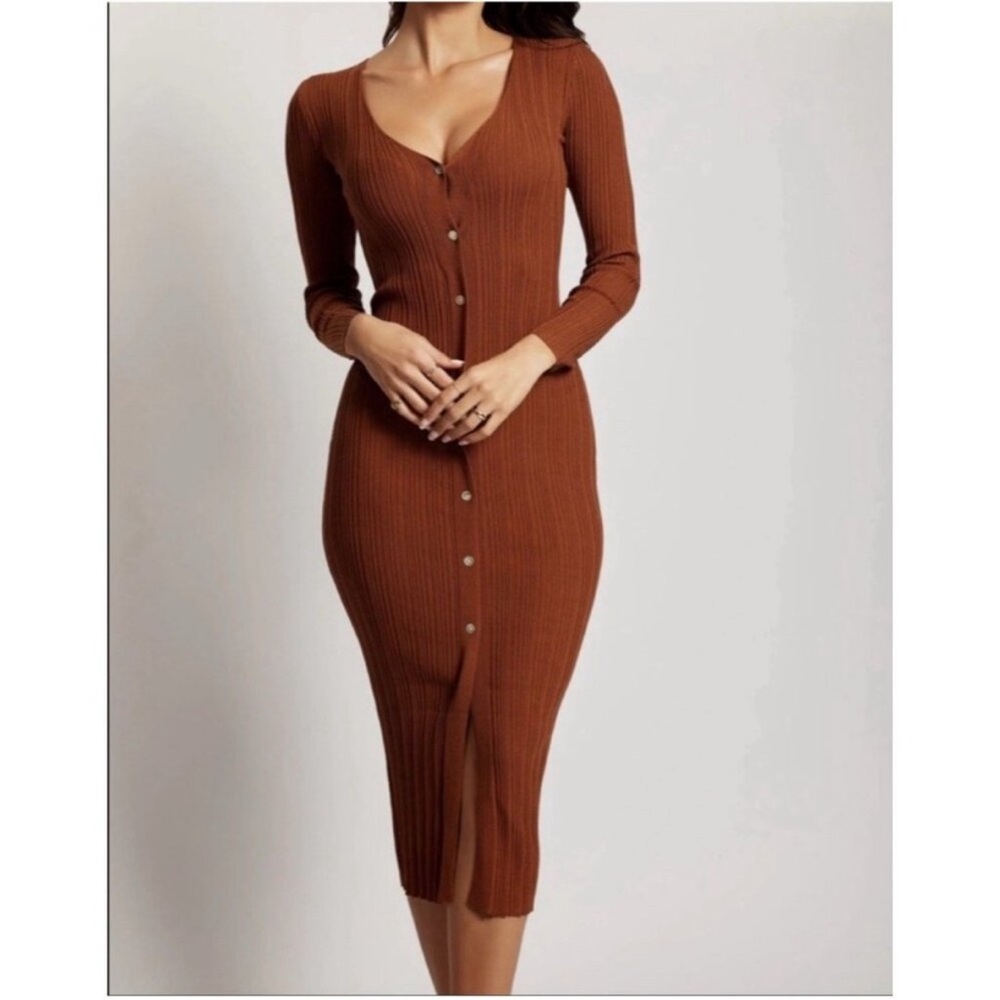 Meshki Brown Andrea Button Knit Midi Dress M